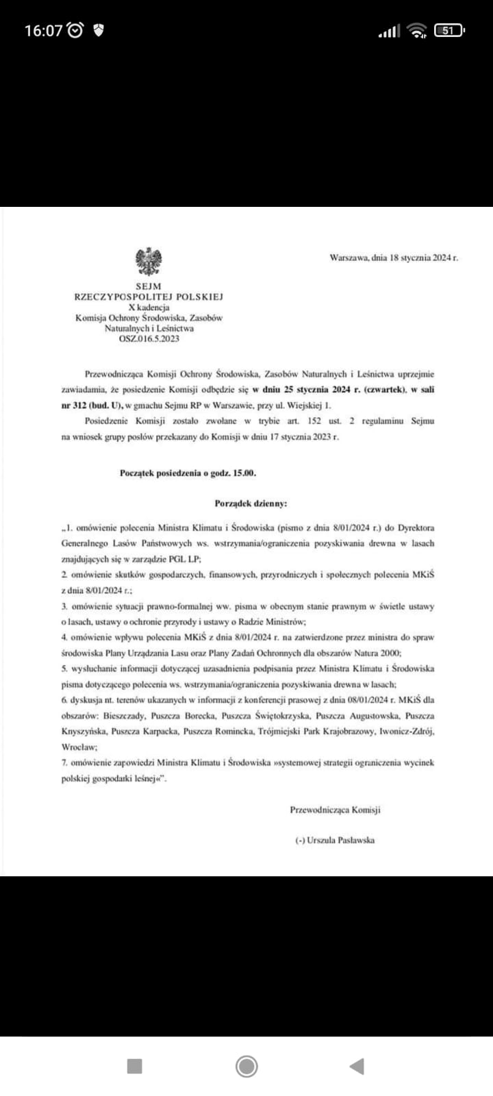 Komisja Sejmowa - zaproszenie